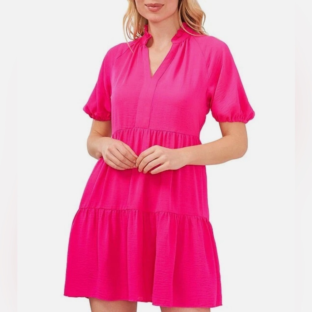 Cece tiered ruffle mini  V-Neck Dress in bright rose